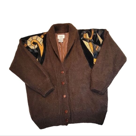 Cervelle 80s Brown Mohair Eclectic Grandpa Grandmacore Sweater Cardigan Medium - Picture 2 of 12